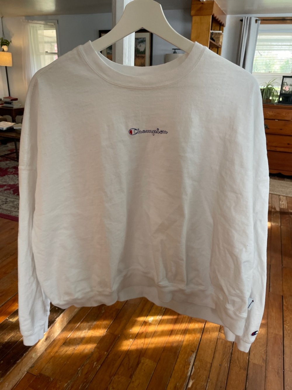 Champion White Crewneck with Small Embroidered Script Logo